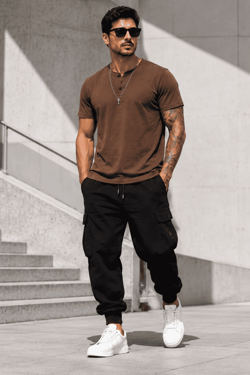 T-shirt henley brązowy street1