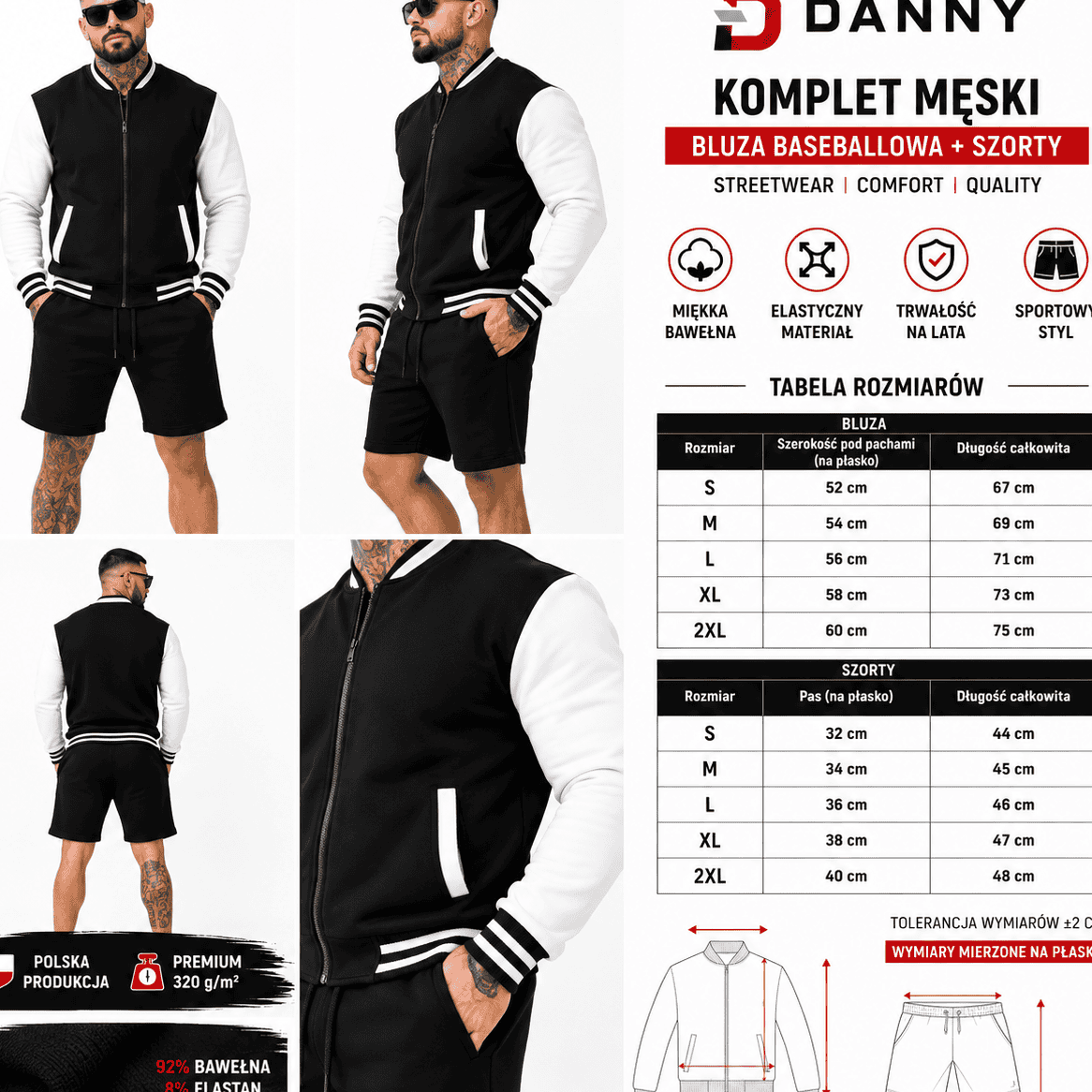 Komplet Męski Varsity Czarny – Bluza Baseballowa i Szorty Premium 320 g | DANNY ATRAKT SP Z O O
