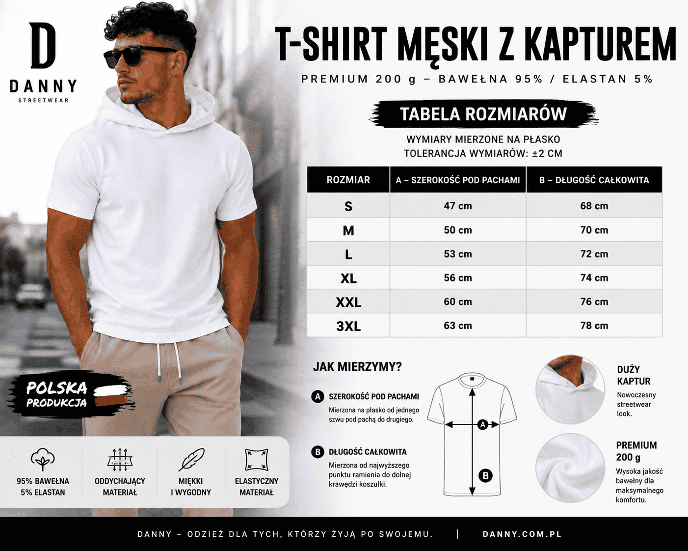 Męski T-shirt z Kapturem Biały Premium 200 g – Bawełna Streetwear | DANNY Atrakt Sp z O O