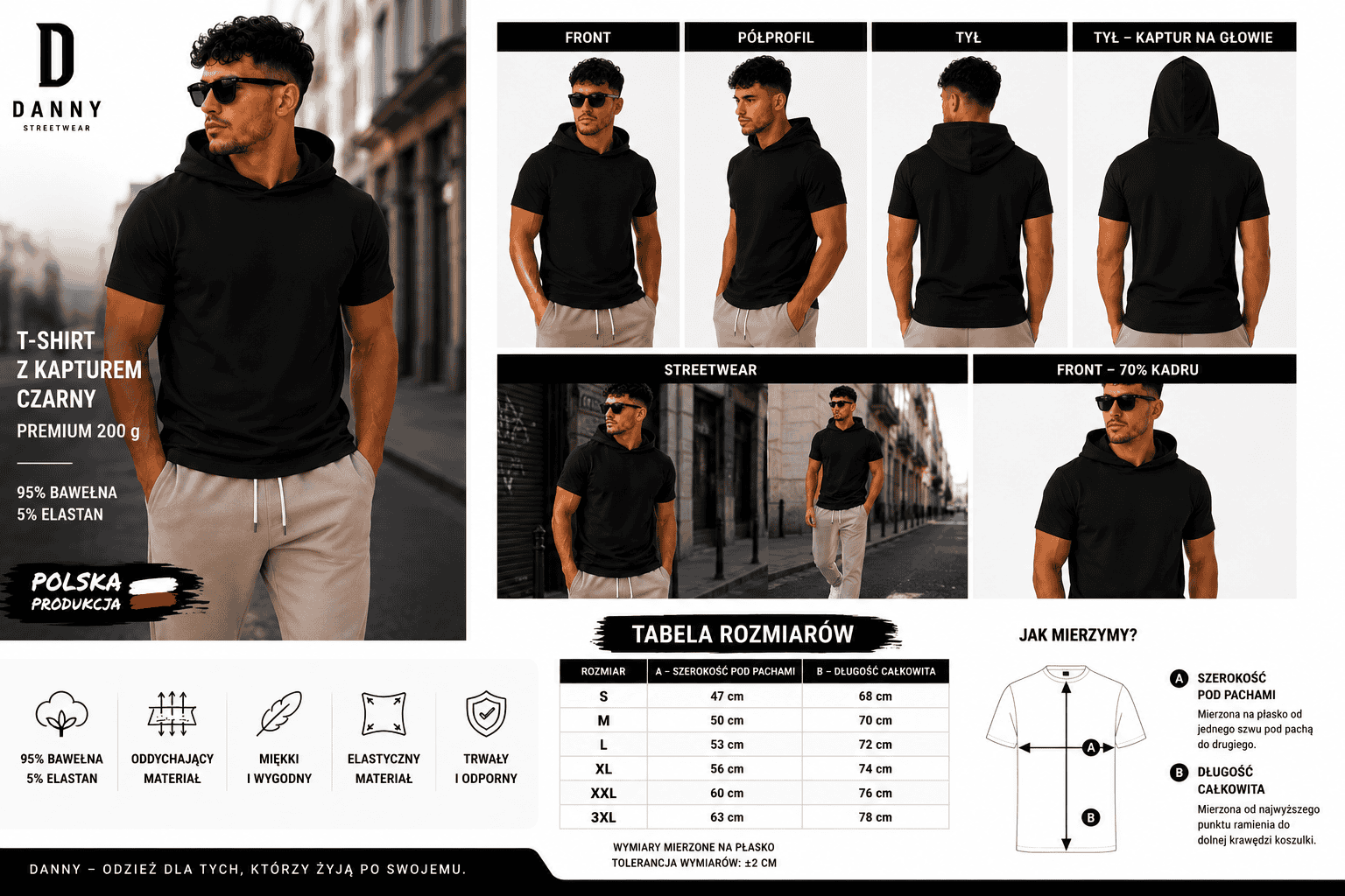 Męski T-shirt z Kapturem Czarny Premium 200 g – Bawełna Streetwear | DANNY tabela