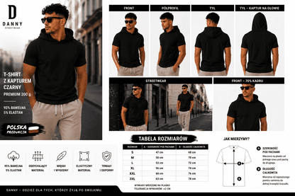 Męski T-shirt z Kapturem Czarny Premium 200 g – Bawełna Streetwear | DANNY tabela