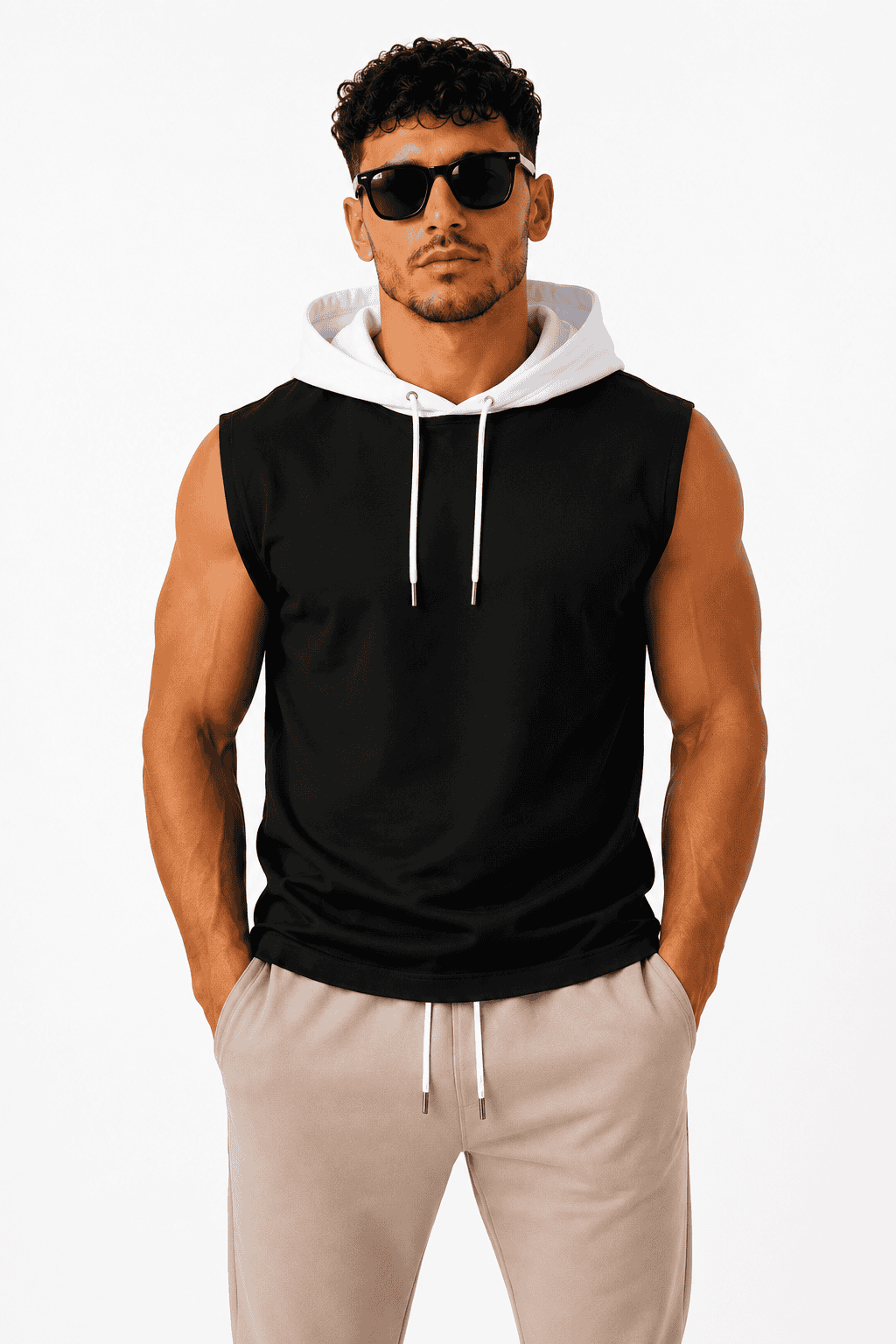 t-shirt meski czarny z bialym kapturem przod