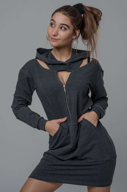 Dresowa sukienka z kapturem i metalowym zamkiem szara S41