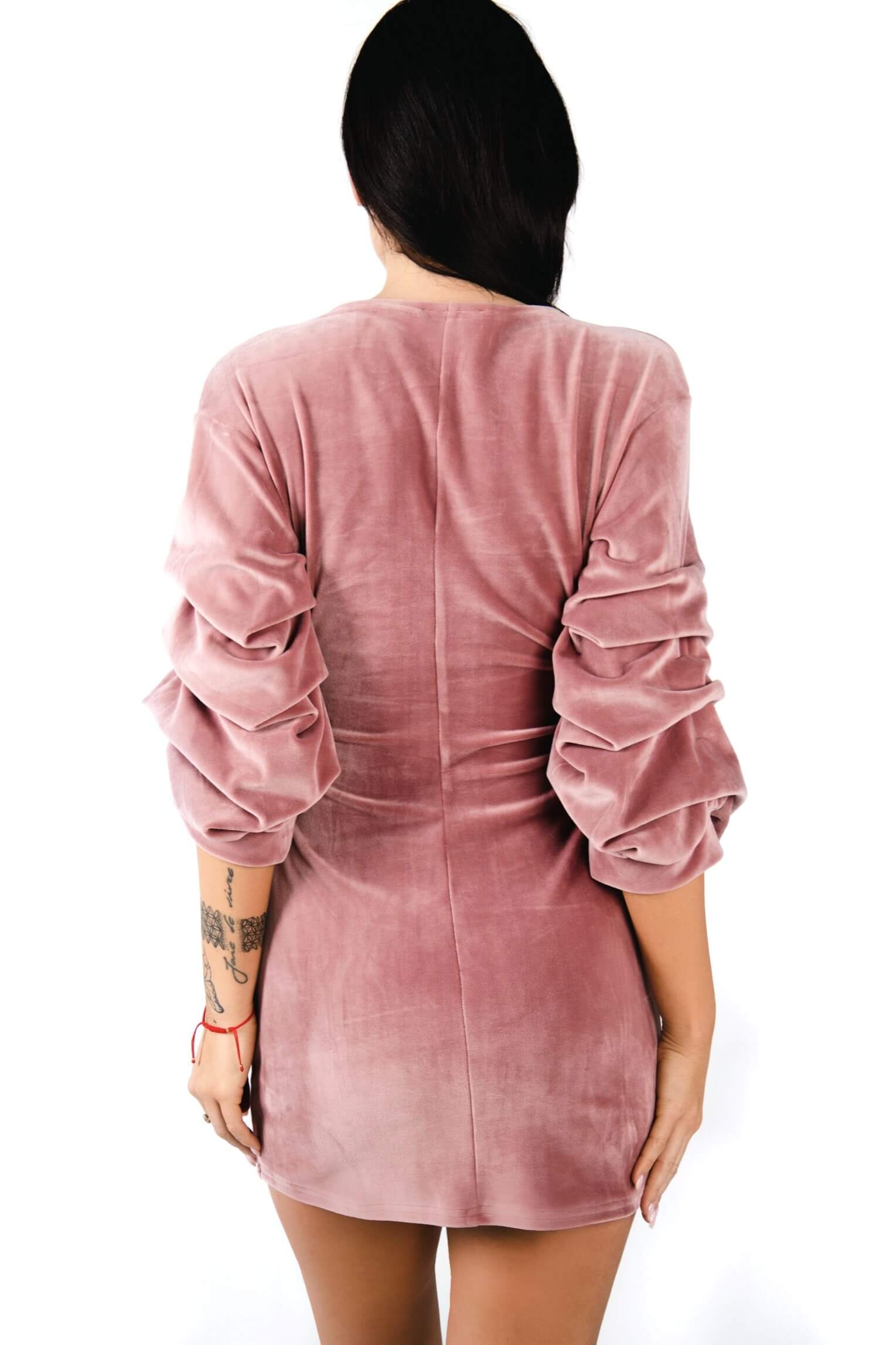 Sukienka welurowa z bufiastymi rękawami różowa dannycompl 3