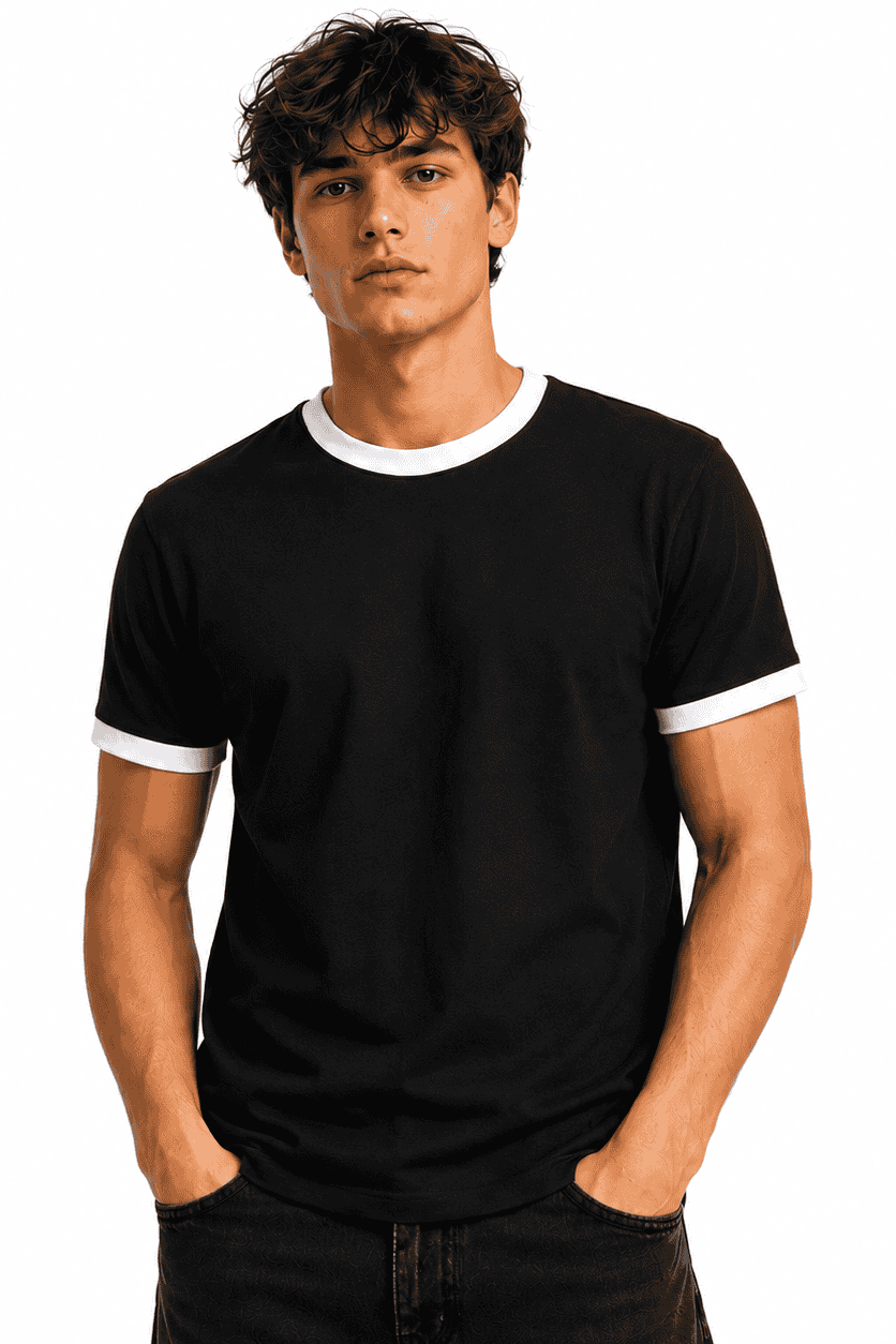 T-shirt męski czarny dekolt biały Danny przod