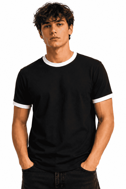 T-shirt męski czarny dekolt biały Danny przod