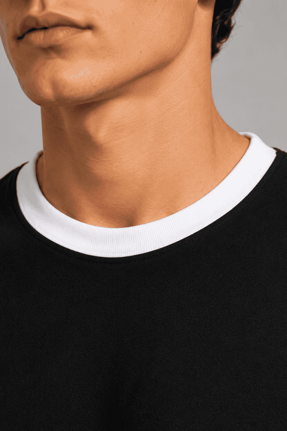T-shirt Męski Czarny z Białym Dekoltem Premium 95% Bawełna 200 g | DANNY dekolt