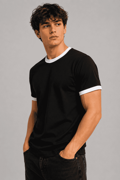 T-shirt Męski Czarny z Białym Dekoltem Premium 95% Bawełna 200 g | DANNY profil