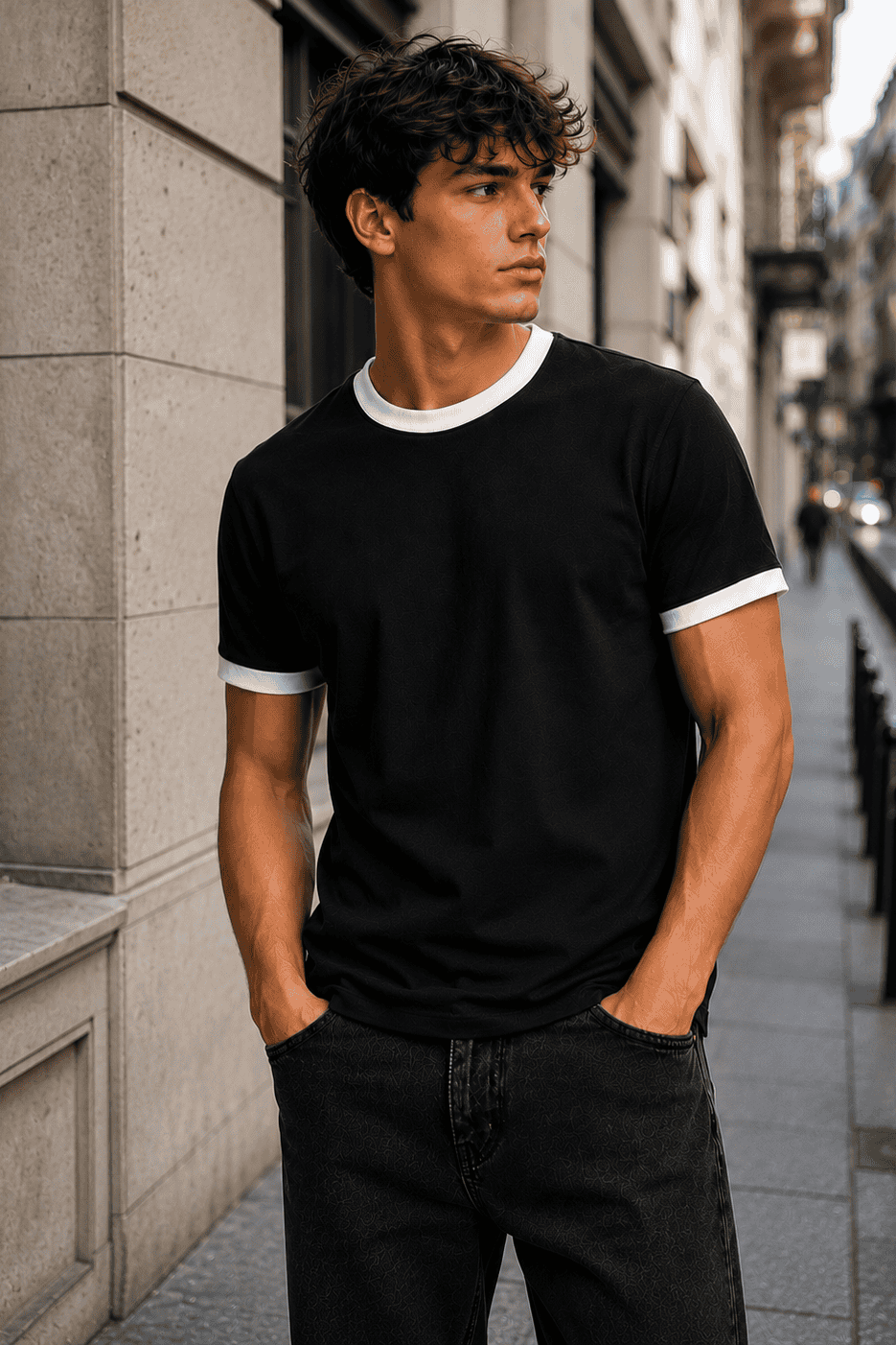 T-shirt Męski Czarny z Białym Dekoltem Premium 95% Bawełna 200 g | DANNY street