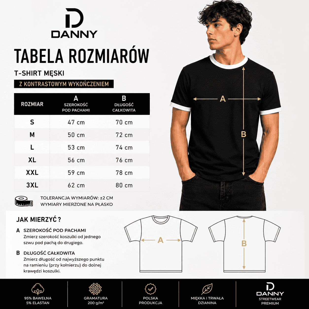 T-shirt Męski Czarny z Białym Dekoltem Premium 95% Bawełna 200 g | DANNY tabela