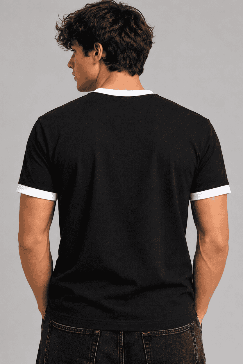 T-shirt Męski Czarny z Białym Dekoltem Premium 95% Bawełna 200 g | DANNY tyl