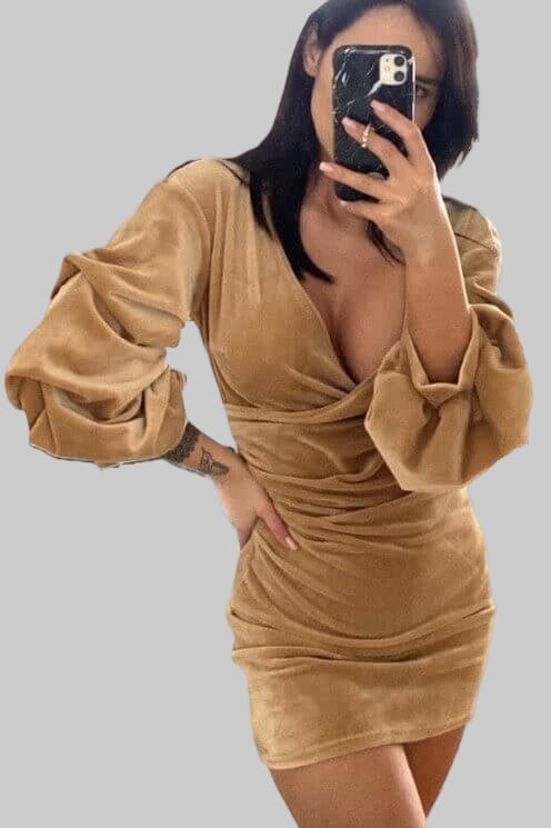 Beżowa welurowa sukienka mini z bufiastymi rękawami S3 - DANNY