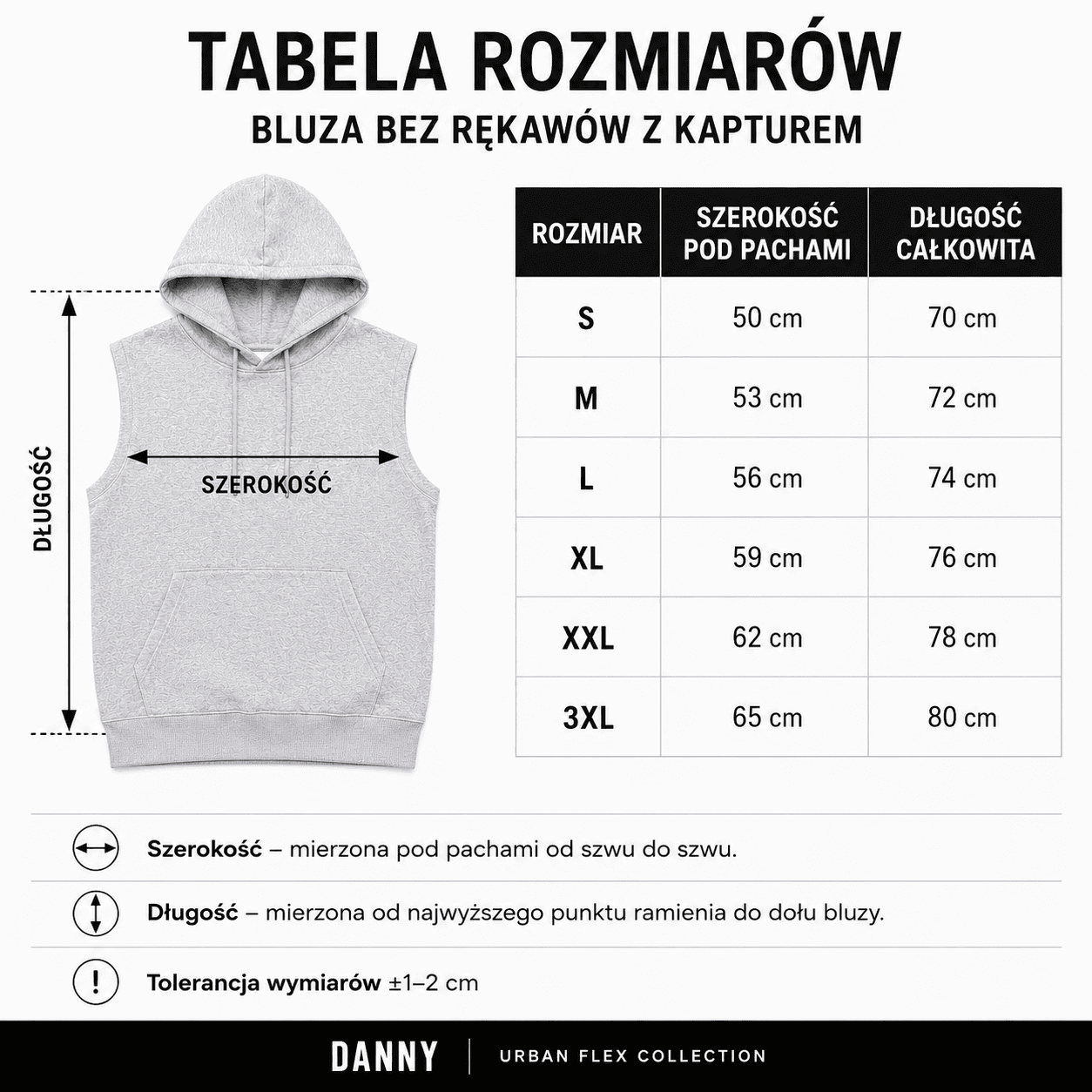 Bluza meska z kapturem bez rekawa szara tabela DANNY