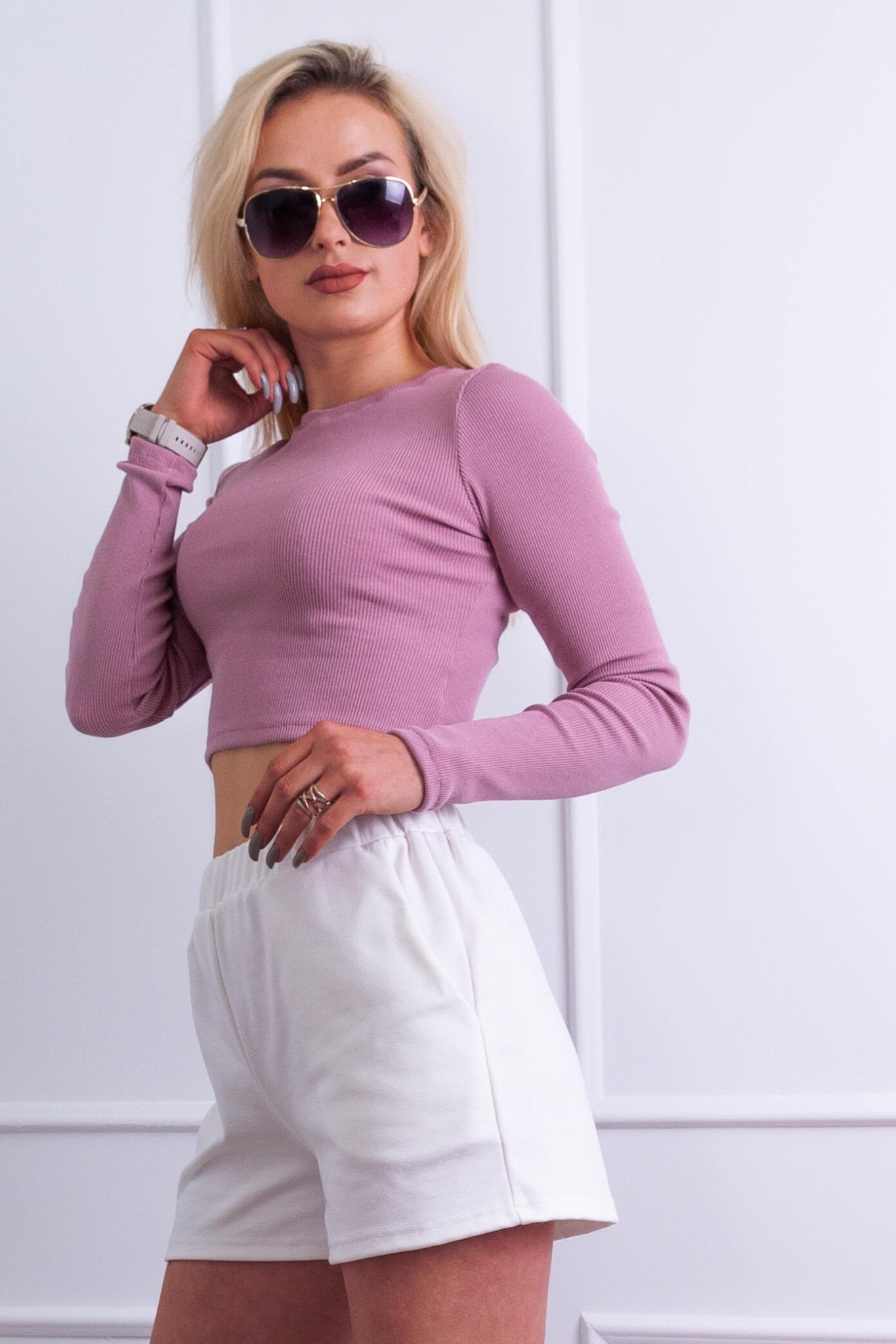 Crop - top z długim rękawem różowy S110 - DANNY