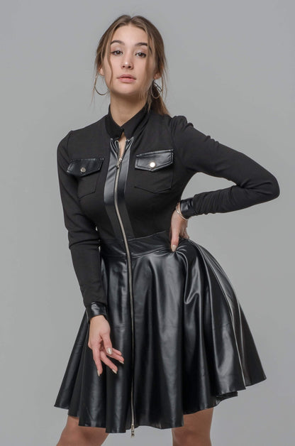 Czarna koktajlowa sukienka z ekoskóry S38 - DANNY