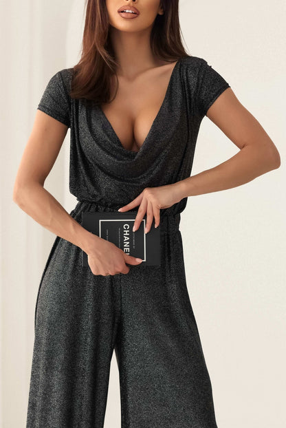 Czarny brokatowy komplet ze szerokimi spodniami i bluzą S179 - DANNY