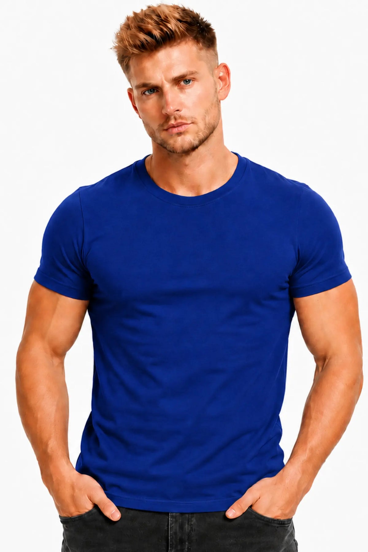 Niebieski T-shirt męski Basic Slim SAX3 DANNY – widok z przodu