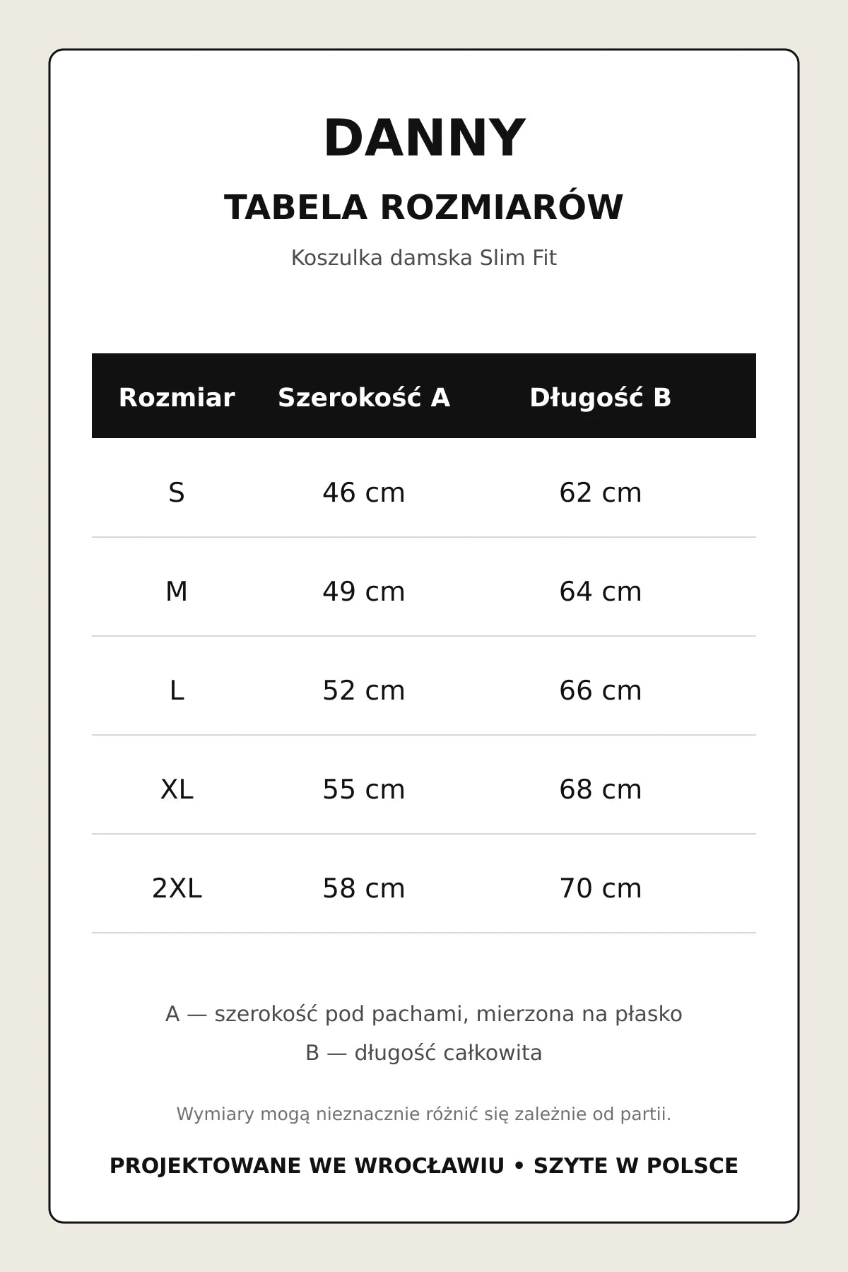 Tabela rozmiarów czarnej koszulki damskiej Slim Fit DANNY