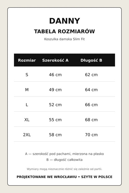 Tabela rozmiarów czarnej koszulki damskiej Slim Fit DANNY