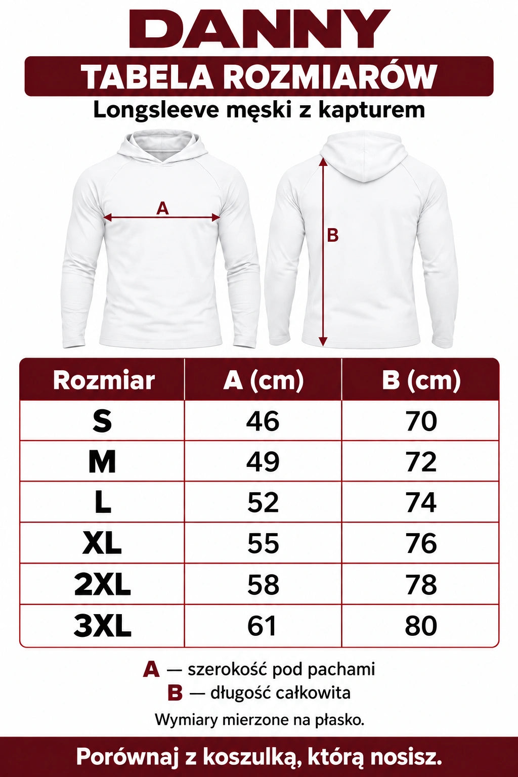 Tabela rozmiarów białego longsleeve DANNY S–3XL: szerokość 46–61 cm, długość 70–80 cm