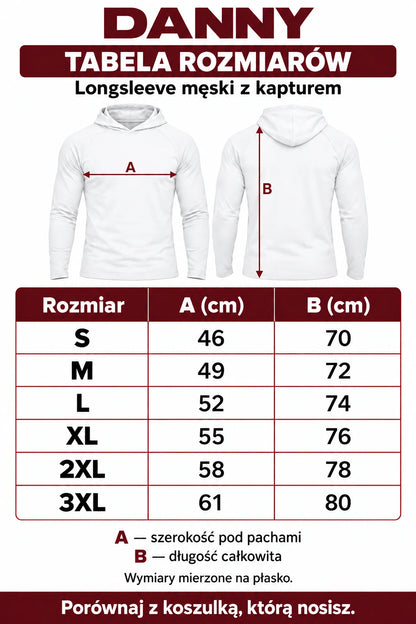 Tabela rozmiarów białego longsleeve DANNY S–3XL: szerokość 46–61 cm, długość 70–80 cm