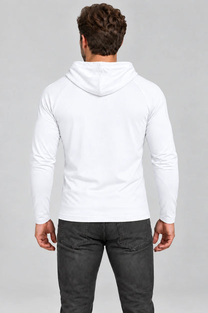 Tył białego longsleeve DANNY z kapturem
