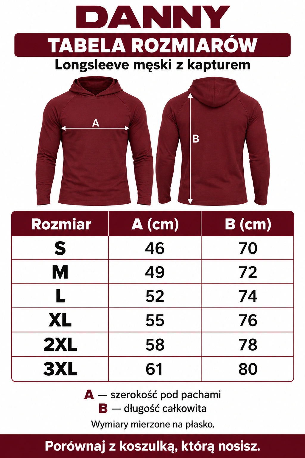 Tabela rozmiarów longsleeve męskiego DANNY: S 46/70, M 49/72, L 52/74, XL 55/76, 2XL 58/78, 3XL 61/80 cm – szerokość i długość
