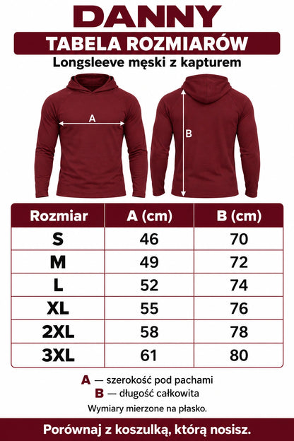 Tabela rozmiarów longsleeve męskiego DANNY: S 46/70, M 49/72, L 52/74, XL 55/76, 2XL 58/78, 3XL 61/80 cm – szerokość i długość