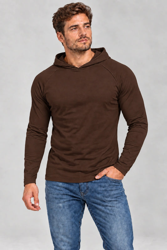 DANNY brązowy longsleeve męski z kapturem – widok z przodu