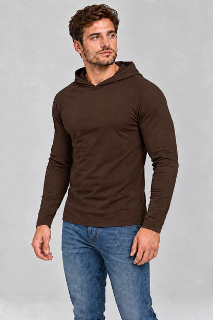 DANNY brązowy longsleeve męski z kapturem – półprofil
