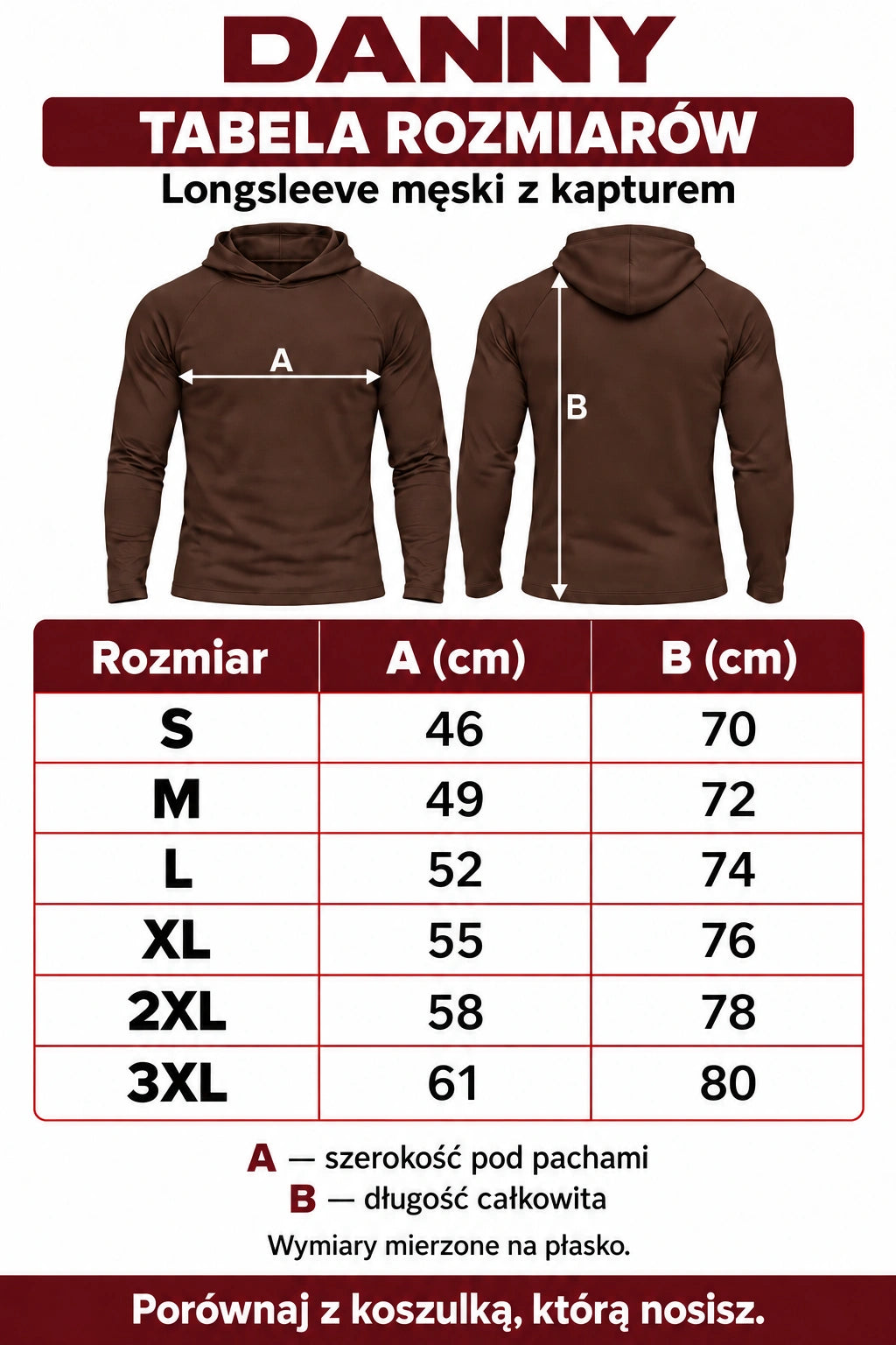 DANNY brązowy longsleeve męski z kapturem – tabela rozmiarów S–3XL