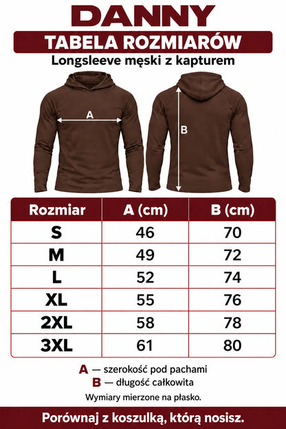DANNY brązowy longsleeve męski z kapturem – tabela rozmiarów S–3XL