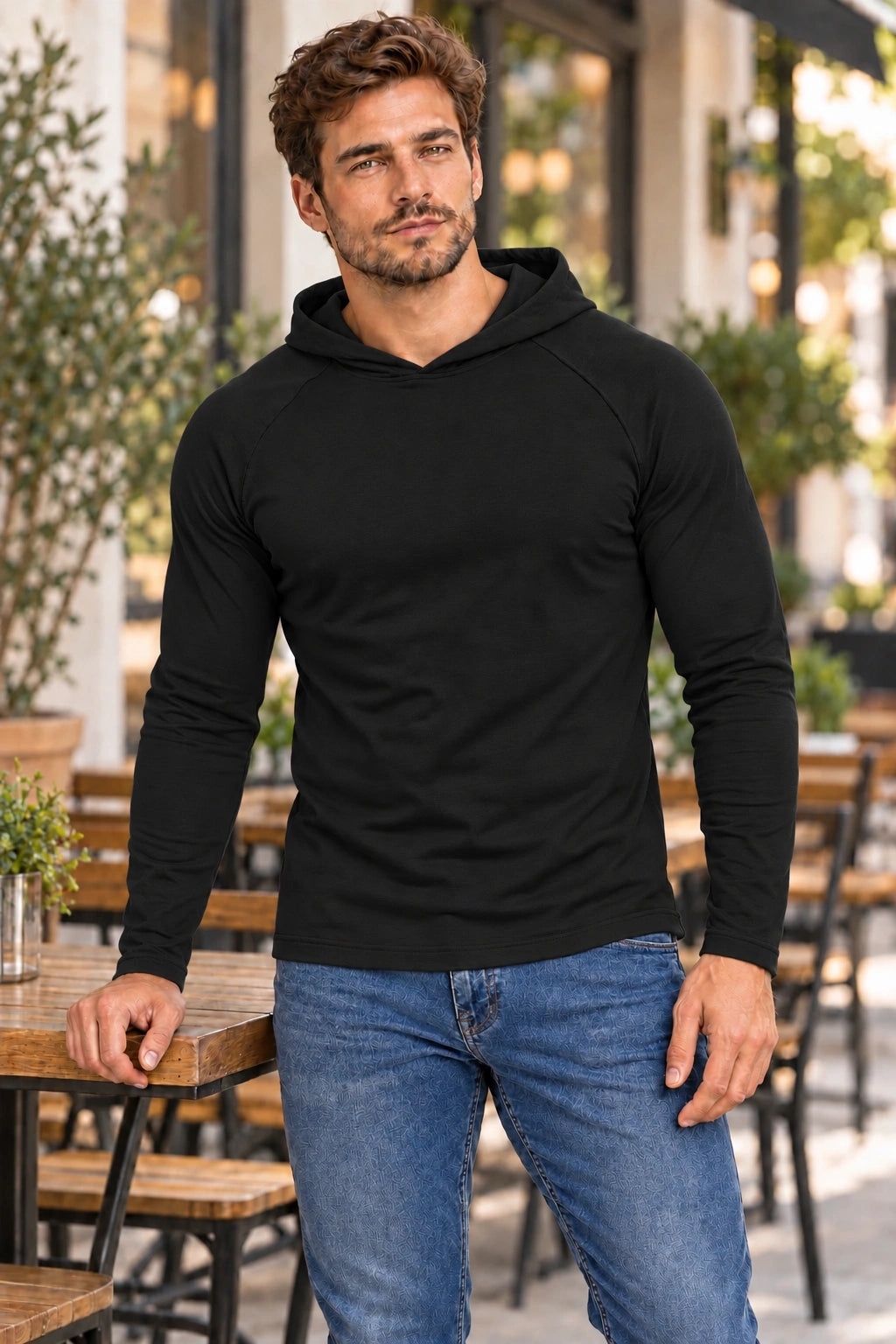 DANNY czarny longsleeve męski z kapturem – stylizacja casual