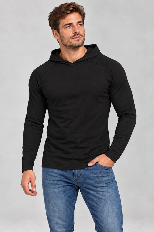 DANNY czarny longsleeve męski z kapturem – widok z przodu