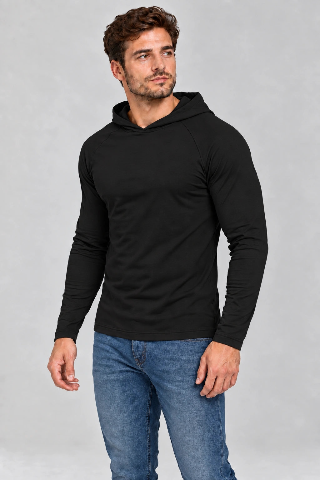 DANNY czarny longsleeve męski z kapturem – półprofil