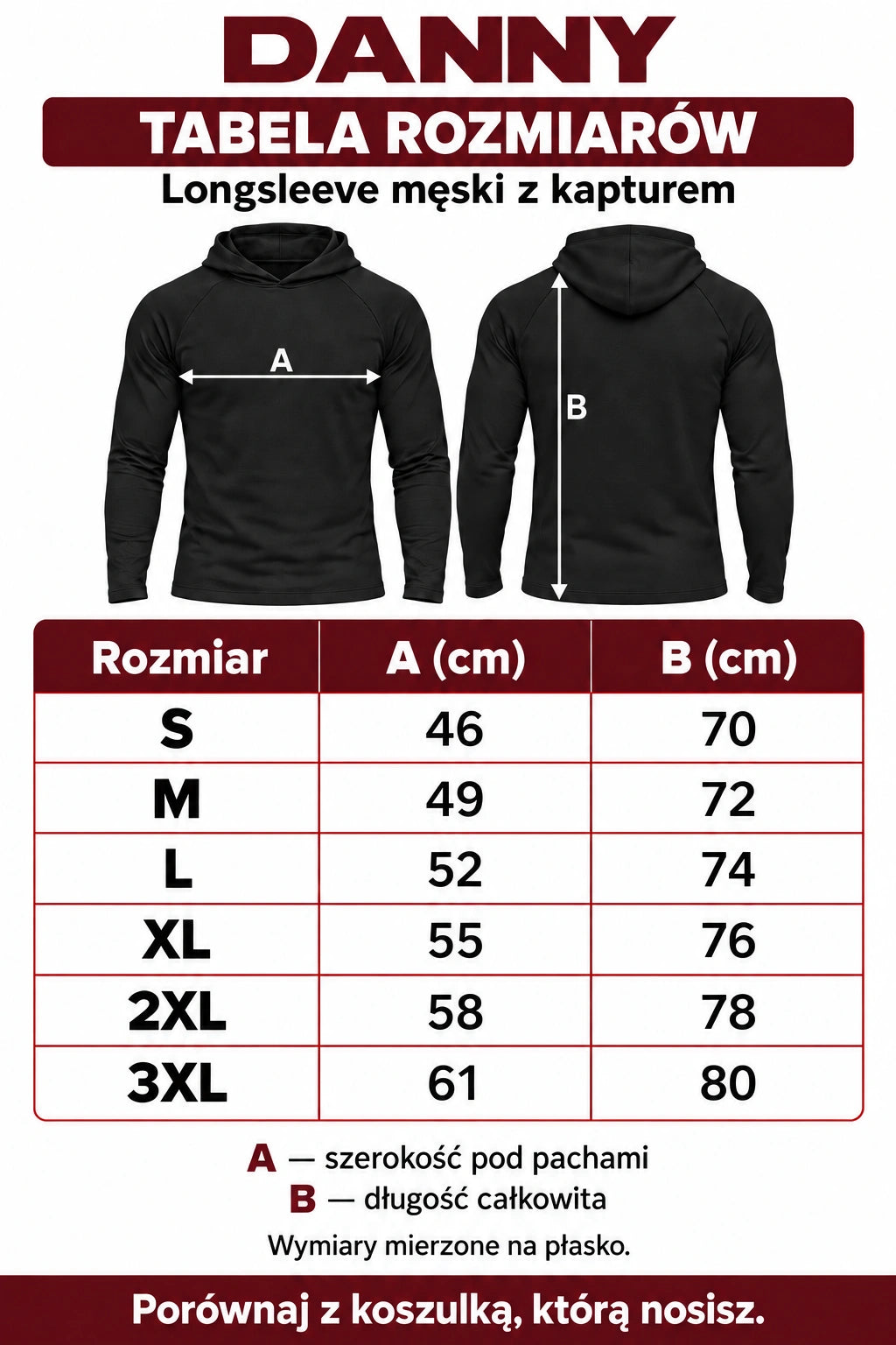 DANNY czarny longsleeve męski z kapturem – tabela rozmiarów S–3XL