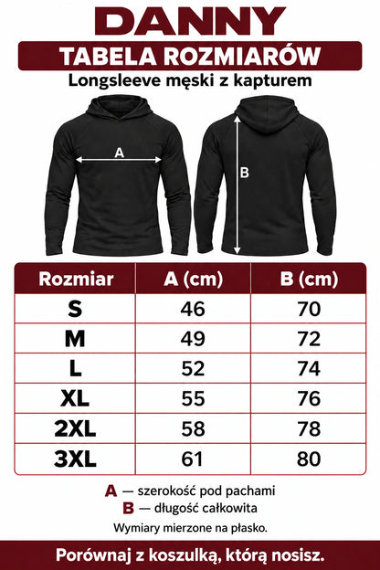 DANNY czarny longsleeve męski z kapturem – tabela rozmiarów S–3XL
