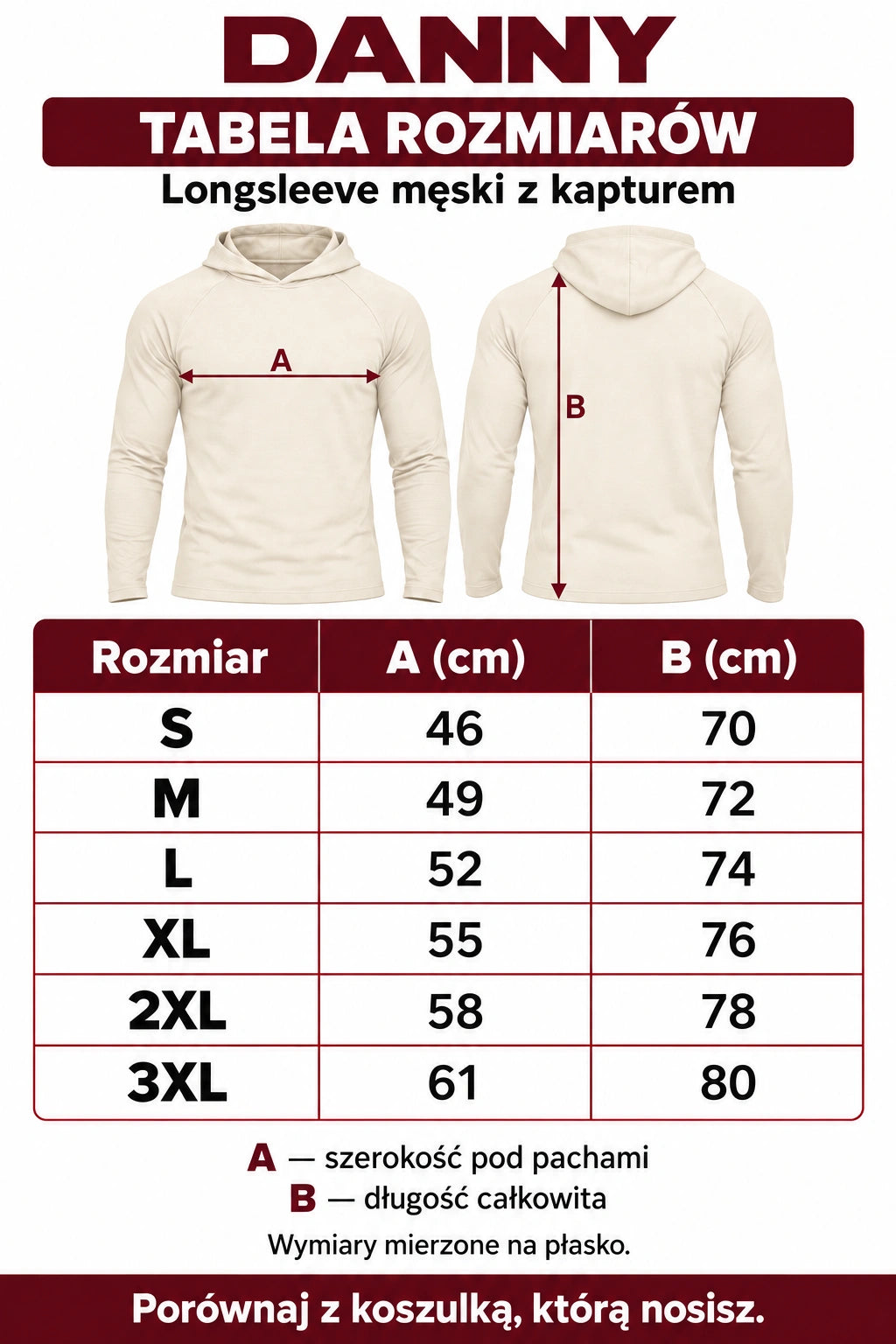 Tabela rozmiarów longsleeve DANNY ecru: S–3XL, szerokość pod pachami 46–61 cm, długość 70–80 cm