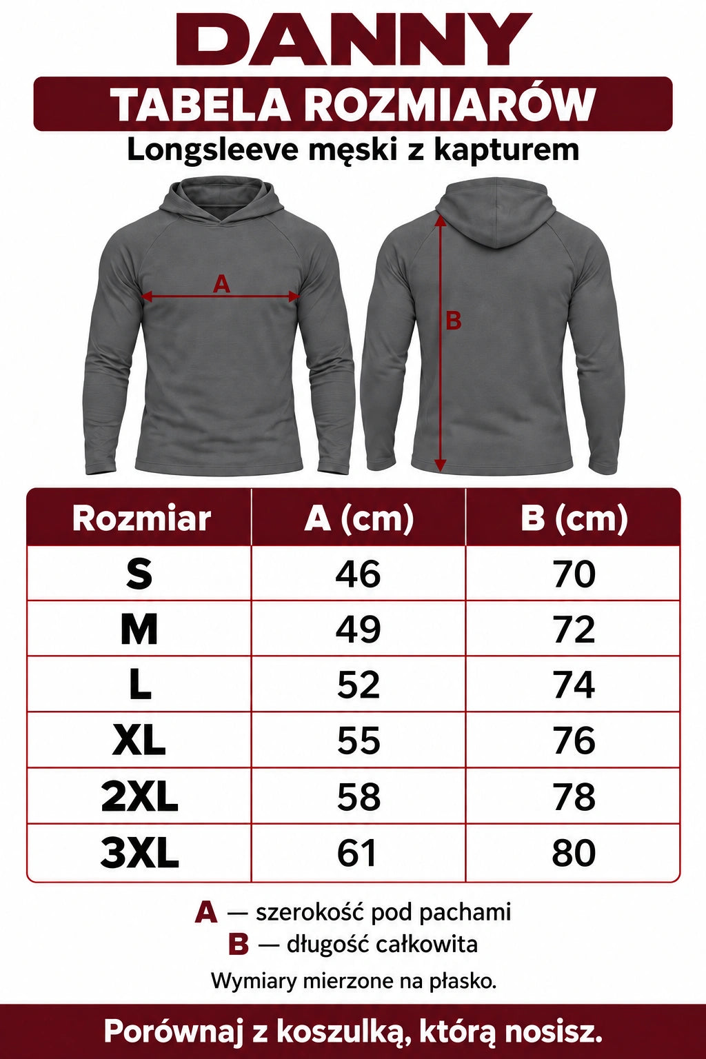 Tabela rozmiarów grafitowego longsleeve DANNY S–3XL: szerokość 46–61 cm, długość 70–80 cm