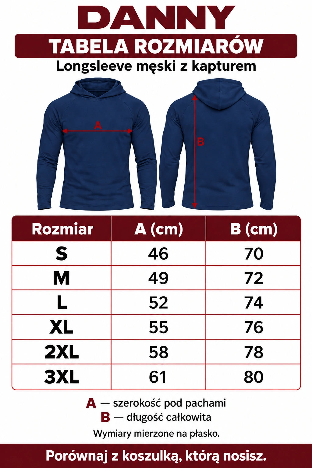 Tabela rozmiarów longsleeve DANNY królewski granat S–3XL: szerokość 46–61 cm, długość 70–80 cm
