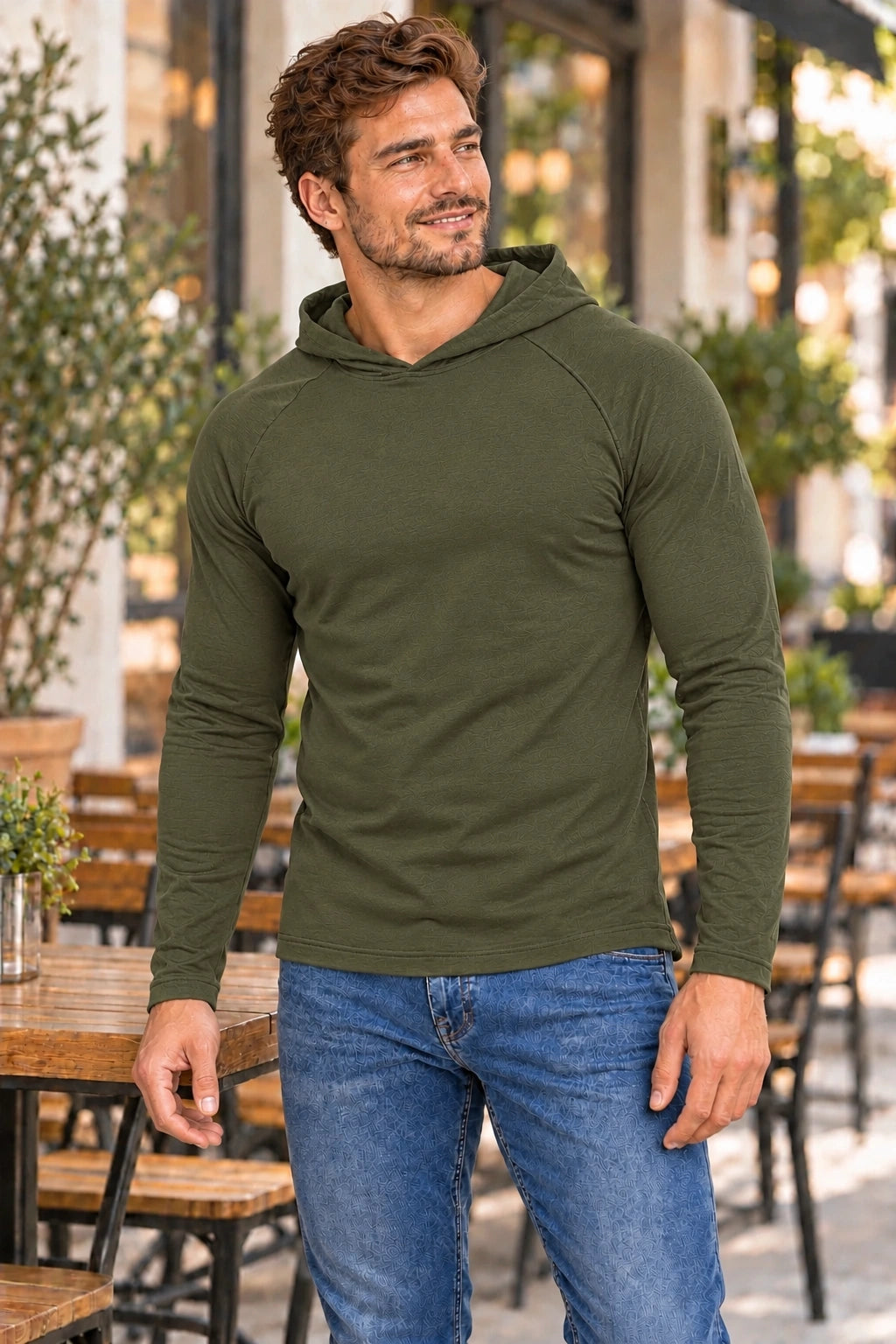 DANNY longsleeve męski z kapturem olive – stylizacja casual
