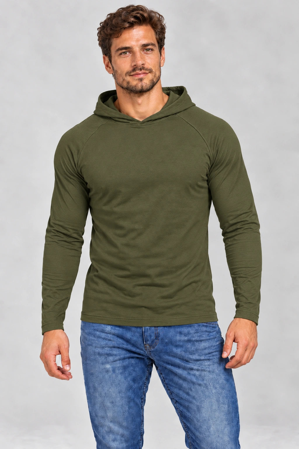 DANNY longsleeve męski z kapturem olive – widok z przodu