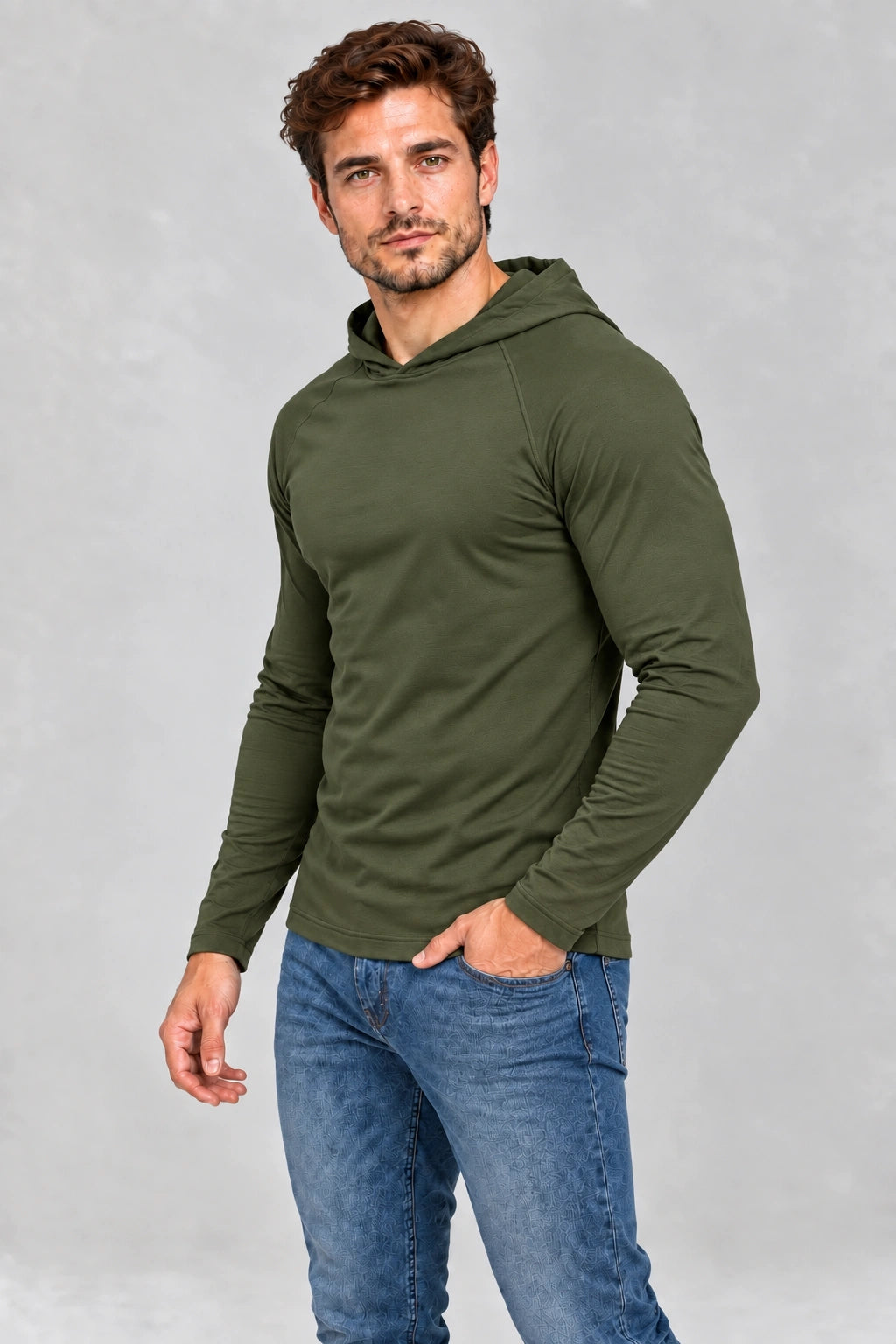DANNY longsleeve męski z kapturem olive – półprofil