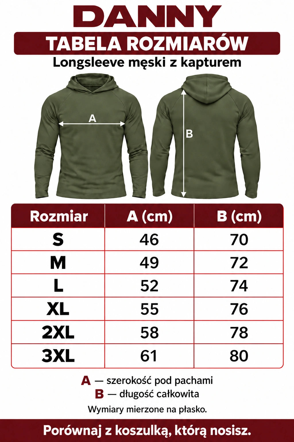 DANNY longsleeve męski z kapturem olive – tabela rozmiarów S–3XL