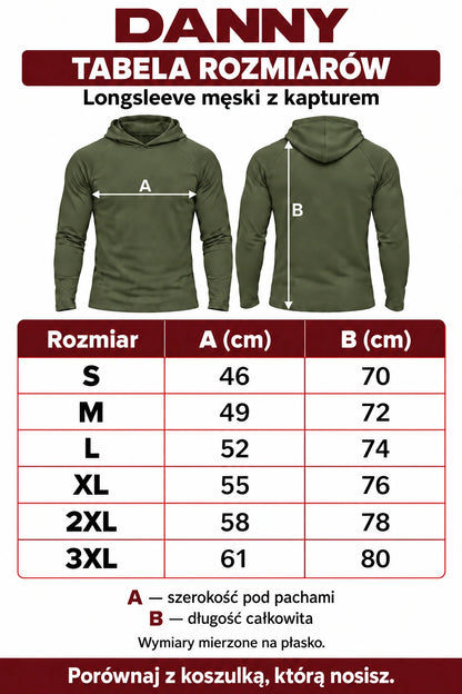 DANNY longsleeve męski z kapturem olive – tabela rozmiarów S–3XL