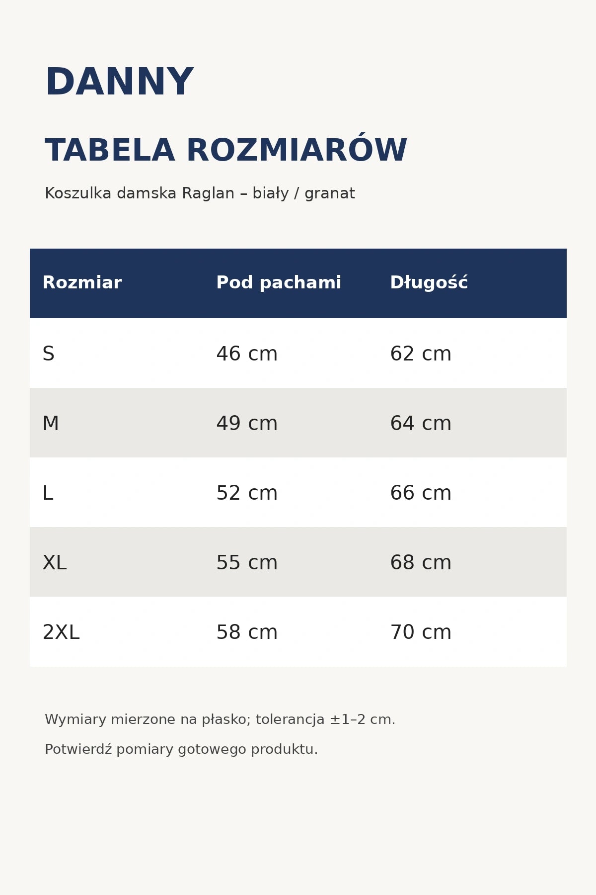 Koszulka damska DANNY Raglan biały granat – 06-tabela