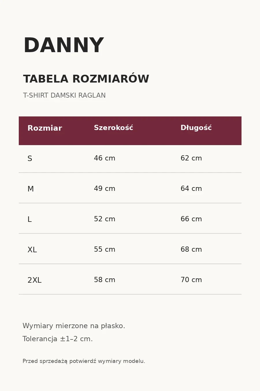 Tabela rozmiarów DANNY T-shirt damski raglan S 46x62 do 2XL 58x70