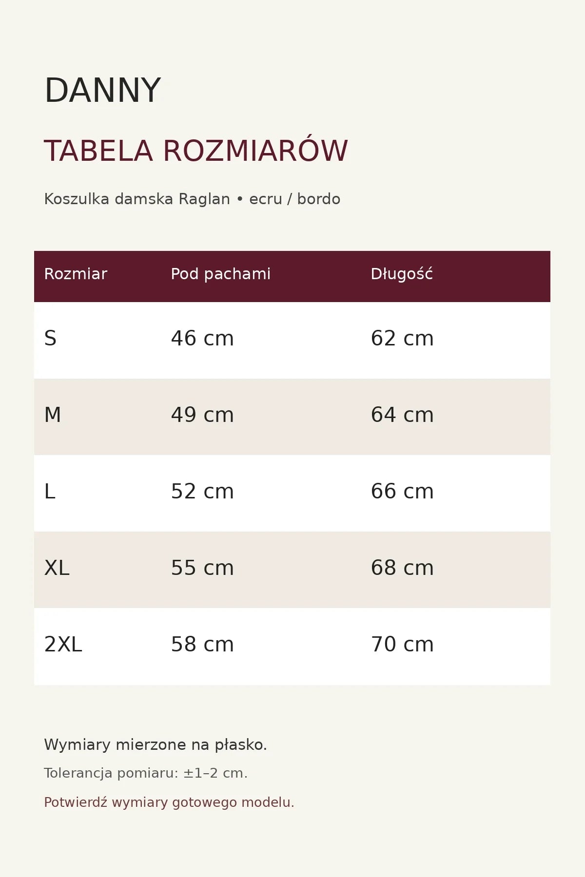 Tabela rozmiarów koszulka damska raglan DANNY