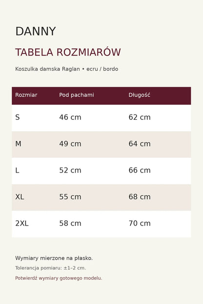 Tabela rozmiarów koszulka damska raglan DANNY