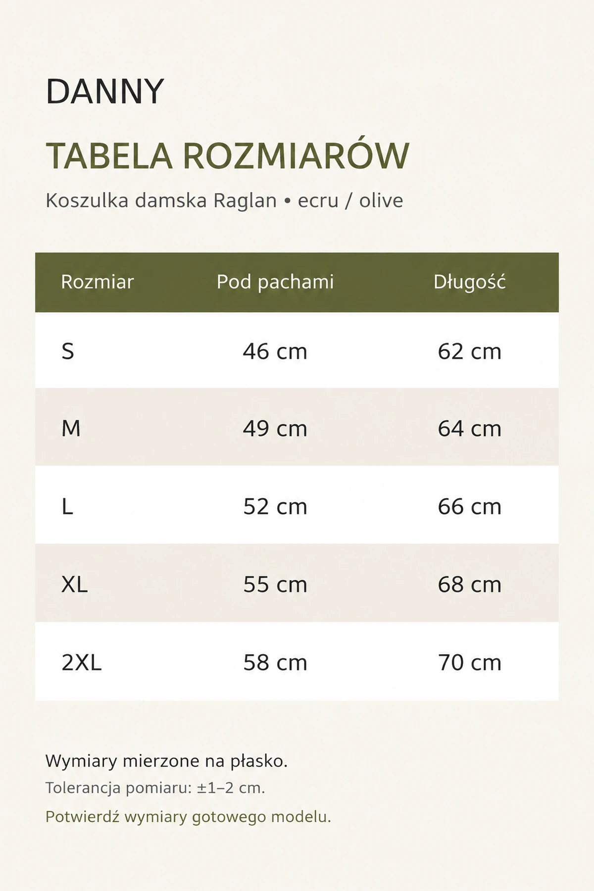Tabela rozmiarów DANNY Raglan damska ecru olive